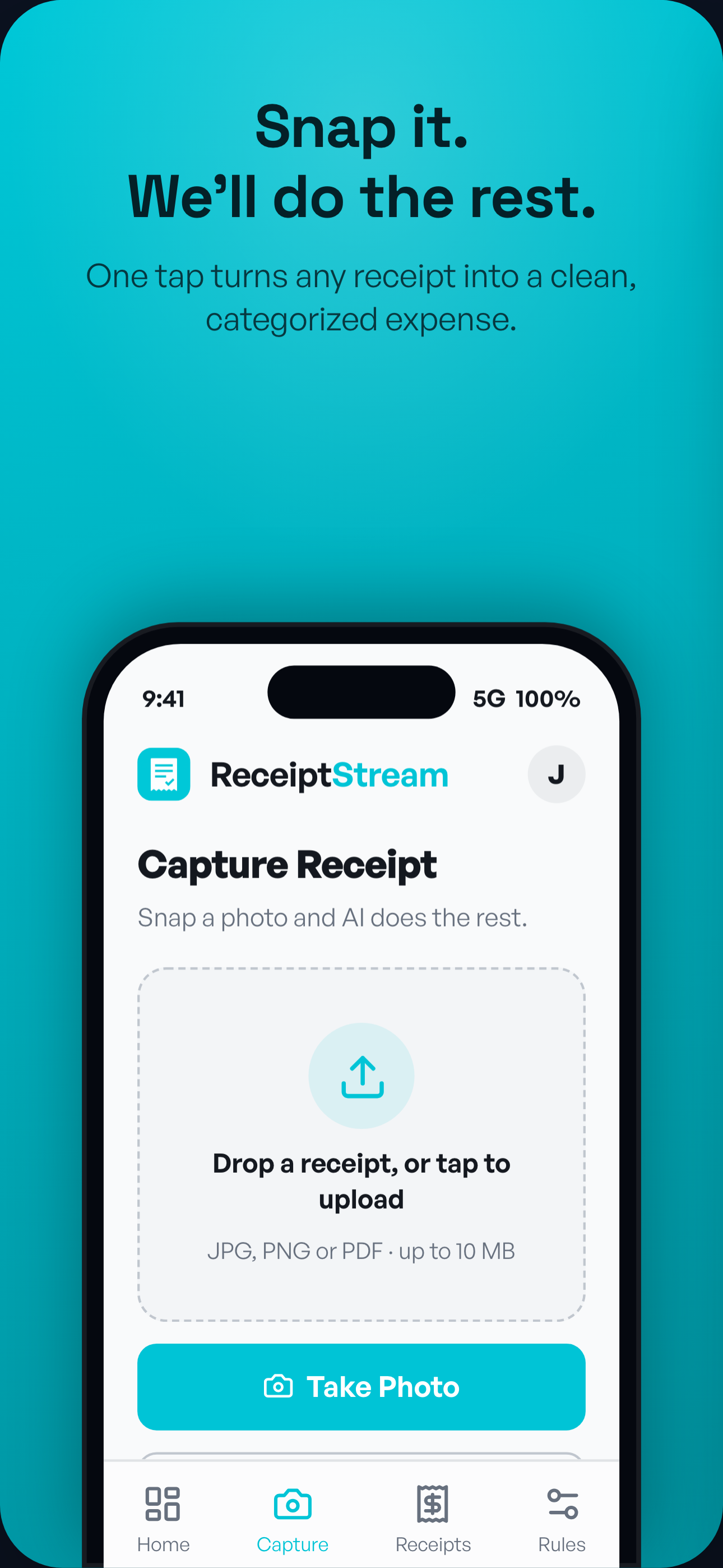 Snap it — one tap turns any receipt into a clean expense